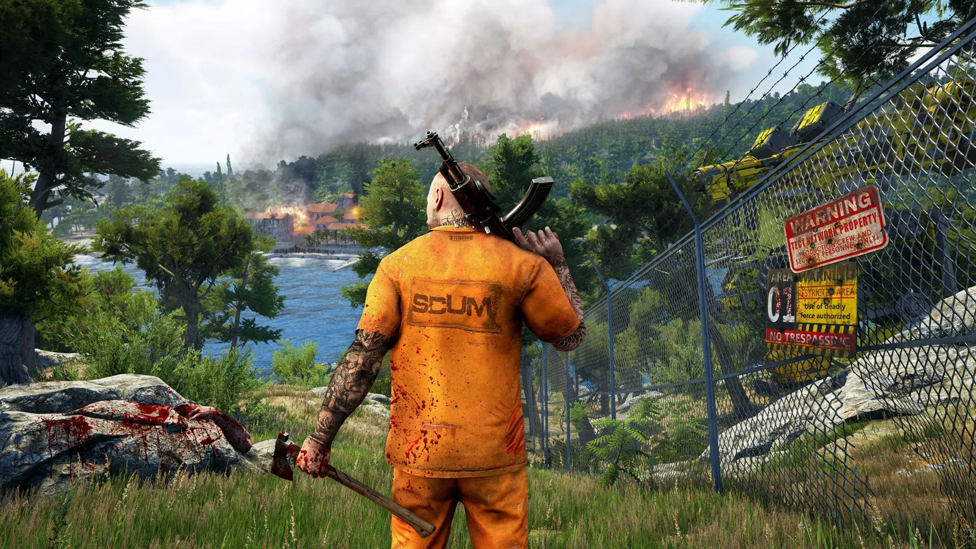 SCUM keyart showing one solo prisoner armed looknig into distance